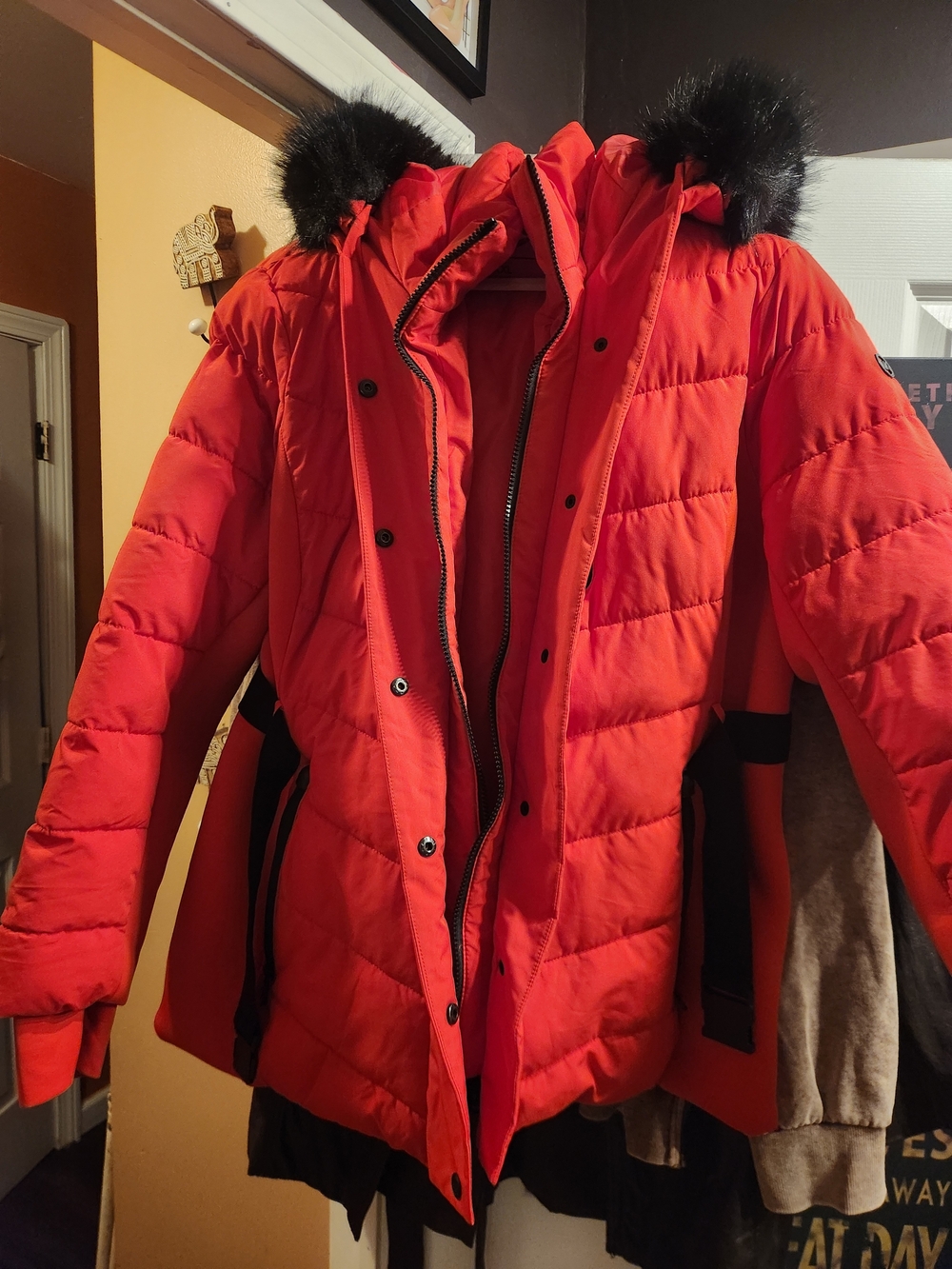 Michael Kors Bright Red Quilted Puffer Coat with Black Faux Fur Hood Trim